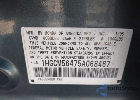 2005 Honda Accord 2.4 Lx from USA, damaged, VIN 1HGCM56475A068467